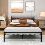 Crocofair Queen Bed Frame with Wooden Headboard and Storage Heavy Duty Metal Platform Easy Assembly No Box Spring Needed(Rustic Brown)