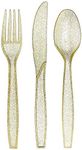 Prestee 180 Gold Glitter Plastic Silverware Cutlery Set - Gold Plastic Silverware Disposable Flatware with 60 Forks, 60 Spoons, 60 Knives - Suitable for Parties, Fancy Party Utensils