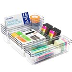 HOOMOOZ 16 Pack Drawer Organiser Dividers, 5 Sizes Clear Desk Cabinet Organiser Trays, Plastic Drawer Storage Bins for Kitchen, Bedroom, Utensils, Makeup, Bathroom and Office