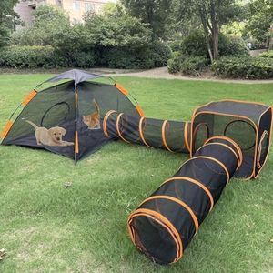 Outdoor Cat Enclosures 4 in 1 Cats Play Tunnels Portable Pop Up Mesh Tents for Puppy Cat Small Pet, Cat Tent Playpen for Indoor and Outdoor, Small Animal Compound House Tent Tunnel Cube