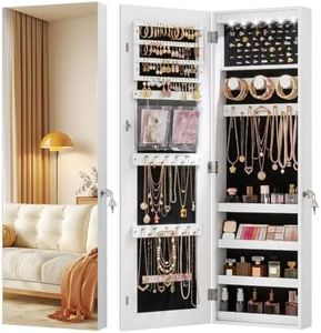 LVSOMT Wall Mounted Jewelry Cabinet - 6 LED Jewelry Mirror Cabinet, Over the Door Jewelry Armoire Organizer, Lockable 42.5" Full Length Mirror Hanging Jewelry Storage for Women, White