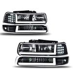 PIT66 LED Headlights, Compatible with 99-02 Chevy Silverado 1500 2500/01-02 Silverado 1500HD 2500HD 3500/00-06 Tahoe Suburban 1500 2500 Clear Lens Black Housing Clear Reflector