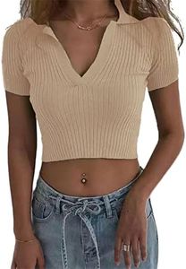 Hyipels Women Knit Crop Polo Shirts,Summer Short Sleeve Ribbed Collared T-Shirt Solid Fitted V Neck Tops Khaki