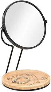 Navaris Vanity Mirror with Tray - Double-Sided Table Top Makeup Mirror with 1x/2x Magnification and Bamboo Base - For Bathroom, Bedroom, Desk - Black