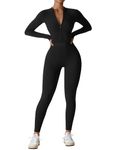 YEOREO Women Workout Jumpsuit Zip Up Long Sleeve Romper Bottom Pants Bodysuit Bodycon Sexy One Piece Black S