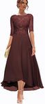 Hi-lo Lace Bodice Tea Length Burgundy Mother of The Groom Dress with Sleeve Half Boat Neck Chiffon Formal Party Dresses Size 12, Burgundy