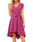 JASAMBAC Womens Wedding Guest Dress High Low A Line Flowy V Neck Christmas Night Out Midi Dress with Belt Rose Red M