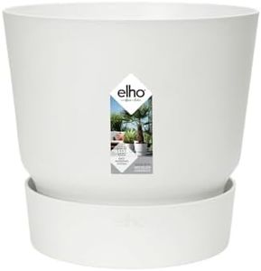 Elho Greenville Round - Plastic Flower Pot with Saucer - Lightweight Planter Pot - Ideal for Indoor and Outdoor Planting - Flower Pot for Garden and Patio - White, 20 cm