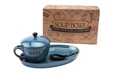 CGB Giftware | Soup Bowl Dish with Bread Serving Plate and Spoon Set | Blue Country Cottage Kitchen Rustic Style | Microwave and Dishwasher Safe | Individually Gift Boxed