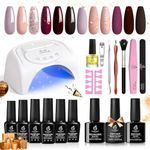 Beetles Gel Nail Polishes Starter Kit, 6 Colors Nail Salon Set with 48W Nail Lamp, Pink Purple Brown Glitter Burgundy Gel Nail Polish with Base Top Coat Nail Christmas Nail Art Manucure DIY Gifts