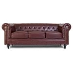 Bravich Leather Chesterfield Sofa- Brown. 3 Seater Settee, Faux Bonded Leather Vintage Couch. Living Room Furniture, Easy Clean. 3 Seater- 209cm x 90cm x 78cm