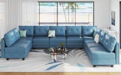 LLappuil Modular Sofa Faux Leather Fabric Sectional Couch with Reversible Chaise, 10 Seater U Shape Sectional Sofa Oversized Sofa Set for Living Room, Office, Navy Blue