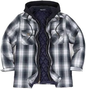 Men's Western Plaid Flannel Jacket Zipper Snap Quilted Lined Hooded Work Shacket Thick Warm Coat Navy White XXL