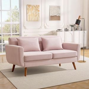 Tbfit 65" W Loveseat Sofa, Velvet Mid Century Modern Love Seat Couches for Living Room, Button Tufted Upholstered Small Couch for Bedroom, Solid and Easy to Install Love Seats Furniture, Pink