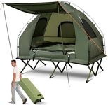 GYMAX Tent Cot, 5-in-1 Folding Camping Cot with Mattress & Pillows, Sleeping Bags, Sunshade, Camping Tent Elevated with Carrying Bag for Outdoor Hiking, Fishing, Picnic (2-Person)