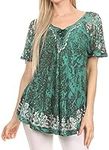 Sakkas 16482 - Ash Speckled Tiedye Embroidered Cap Sleeve Blouse Top with Embroidery Hems - Green - OSP