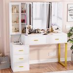 PAKASEPT Vanity Desk with Mirror and Lights, Makeup Vanity with Charging Station, 3 Lighting Colors, Makeup Desk Dressing Table with Tri-fold Mirror Hidden Storage Shelves&5 Drawers, White