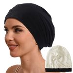 Hat Hut 100% Mulberry Silk Lined Sleep Cap Pure Silk Bonnet for Curly Hair Wrap Bonnet for Sleeping Silk Lined Slouchy Beanie (Black)