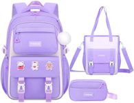 KEBEIXUAN Backpacks for School Girls Water Resistant School Bag Kids Kawaii Bookbag Teen Backpack Set With Cute Fur Balls and Badges (Purple)