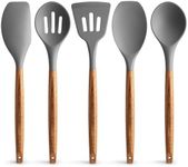 Zulay Kitchen Utensils Set Non-Stick Silicone Cooking Utensils Set with Authentic Acacia Wood Handles - 5 Piece Silicone Utensil Set - Silicone Kitchen Utensils Set with 464°F Heat Resistance - Gray