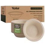 Vplus 500 Pack 12 OZ Paper Bowls, Disposable Compostable Bowls Bulk, Eco-friendly Bagasse Bowls, Heavy-duty Bowls Perfect for Milk Cereals, Snacks, Salads Nature