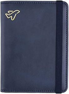 WALNEW Passport Holder Cover Wallet, RFID Blocking Leather Travel Document Organizer with Elastic Strap, Card Case for ID Credit Business Card, Boarding Passes (Navy Blue)