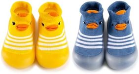 HOVELL 2 Pairs Baby Soft Rubber Sole Shoes Toddler Girls Boys Non Slip Walking Shoes Infant Cotton Floor Slipper Sock Shoes(Yellow Blue Duck,2-3Y)