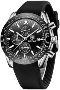 BENYAR Classic Fashion Quartz Chronograph Watch Casual Sport 30M Waterproof Leather Band Mens Watches (Rubber Silver Black)