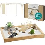 Navaris Zen Garden Kit - Mini Japanese Sand Garden - Miniature Meditation Stone Ornaments - Buddhist Gifts Complete Set - Rectangular Bamboo Tray, White Sand