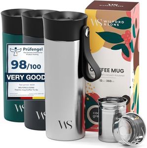 Tazza termica da viaggio termos caffè con tracolla e infusore per tè | 360ml thermos isolato | acciaio inox senza BPA, a doppia parete, chiusura sottovuoto + lavabile in lavastoviglie | tazzina da tè