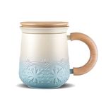 ZENS Tea Infuser Mug with Lid, 330 ml Embossed Ceramic Tea Cup with Strainers for Loose Tea Steeper, Wood Handle Hot Tea Diffusers Loose Leaf Tea Mug for Women Tea Lovers Gifts, Gradient Blue