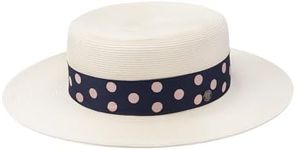 Pineapple&Star Deor Boater Straw Sun Hat Beach Fine Braid UPF50+ for Women Men, Off-white Dottiblue, Large