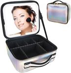 Jula Vance Makeup Organizer Case with Removable Lighted Mirror 3 Color Scenarios Adjustable Brightness Cosmetic Travel Bag Adjustable Dividers Rechargeable Waterproof, Iridescent Silver, Small, Makeup Case With Mirror and Lights