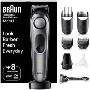 BRAUN Beard Trimmer Series 7 BT7420, Electric Trimmer for Men, Incl. Sharpest ProBlade, 40 Length Settings, Barber Tools, Charging Stand, Travel Case, Stencil, Rechargeable & Waterproof