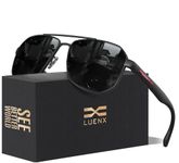 LUENX Aviator Sunglasses for Men Square Polarized Polygon Black Lens Matte Black Frame - UV 400 Protection with Accessories Driving