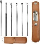 Lieudage 6PCS Stainless Steel Earwax Pick Ear Wax Removal Kit Innovative Spring Spoon Ear Wax Cleaner Curette Ear Remover Tool with Storage PU Leather Pouch (Brown)