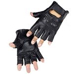 Long Keeper Fingerless Genuine Leather Gloves for Men Unisex Black Leather Half Finger Unlined Mittens for Driving Testing Motorcycle