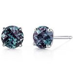 Peora Solid 14K White Gold Created Alexandrite Stud Earrings for Women, Classic Solitaire Round Shape, 6mm, 2 Carats total, Friction Back