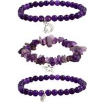 Runmeihe 3PCS Amethyst Crystal Stone Bracelets, Natural Healing Gemstone Elastic Beads Chain Jewelry, Handmade Good Luck Purple Quartz Spiritual Gifts for Women