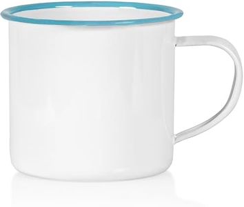 Red Co. Set of 6 Enamelware Metal Medium Classic 12 Oz Round Coffee and Tea Mug with Handle, Solid White/Teal Rim