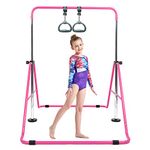 Gymnastic Bar Kids with Flying Ring Folding Adjustable Height Horizontal Gift Set, Expandable Gym Training Bar Equipment for Boys Girls Color Pink Blue Purple fit Outdoor Indooor (Rose with Ring)