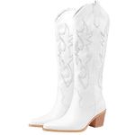 PAUVAODY Womens Western Boots Block Heels Knee High Boots Wide Calf Embroidery Western Riding Party Boots Pull on Cowboy Booties White Size 41