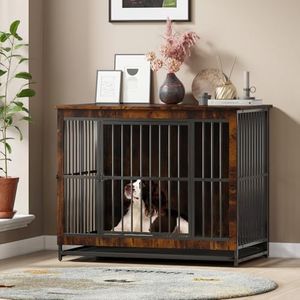 Hello-5ive Large Dog Crate Furniture, Wooden Dog Cage with Double Doors, Heavy Duty Indoor Dog Kennel with Removable Tray for Small Medium Large Dogs, End Side Table, 97.5x59x77.5 cm, Rustic Brown