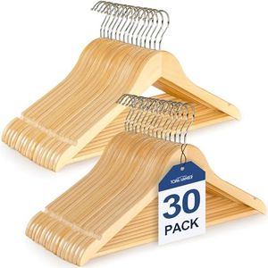 TOPIA HANGER Wooden Coat Hangers 30 Pack, Natural Wood Suit Hangers with Non Slip Pants Bar, 360° Swivel Hook and Shoulder Notches for Camisole, Jacket, Pants, Smooth Finish Clothes Hangers - CT34N30