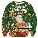 ALISISTER Ugly Christmas Jumpers For Men Fun Music Cat Printed Xmas Pullover Sweater Autumn Winter Round Neck Xmas Gift Sweatshirt L