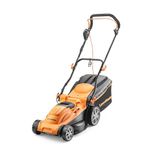 LawnMaster 1600W Electric Lawn Mower with 37cm cutting width, ideal for medium sized lawns. Rear roller for striped finish. With 6 adjustable cutting heights and mulching plug, Orange