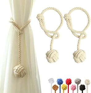 OCIOLI 2 Pieces Curtain Tiebacks Curtain Holdbacks Curtain Ties with Big Woven Ball Outdoor Curtain Tiebacks Cotton Hand Woven Curtain Rope tiebacks Decorative Tie Backs for Drapes (Beige, 2)