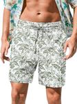 RQP Mens Linen Shorts Casual Drawstring 7inch Inseam Shorts Stretch Summer Beach Wear,Green Palm Leaf