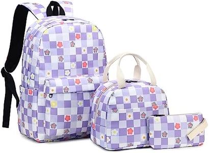 Mimfutu Flowers Checkered School Backpack for Teen Girls, 3-in-1 Kids Backpack Bookbag Set School Bags with Lunch Box Pencil Case (Purple)