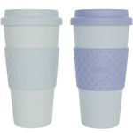 Copco Acadia 16oz Travel Mug with Lid, Set of 2 Double Wall Insulated Tumbler, Non-Slip Sleeve and BPA-Free - Microwave & Dishwasher Safe, Reusable Plastic To Go Travel Coffee Mug (Purple/Teal)